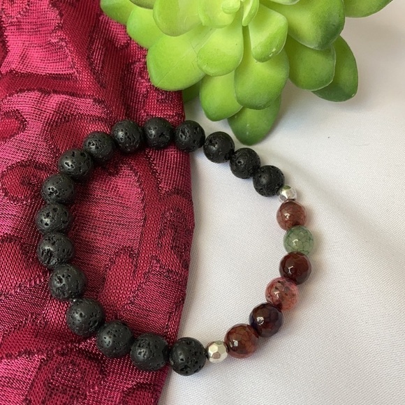 Agate Gemstone and Lava Stone Stretch Beaded Bracelet - Picture 10 of 10